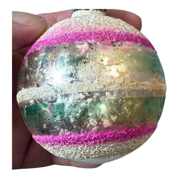Vintage Shiny Brite Glass Mica Stencil Christmas Ornament Pink Green Stripes SEE - Picture 3 of 4